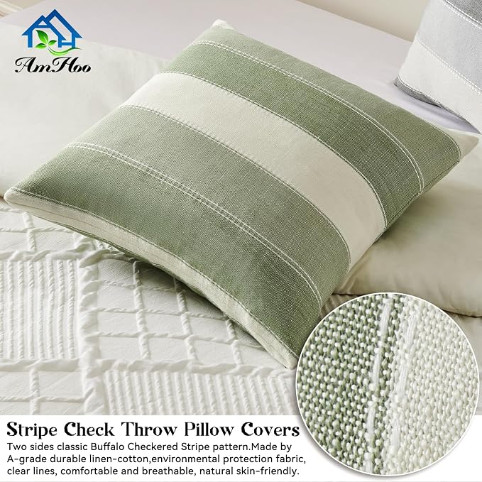 Pack of 2 Farmhouse Stripe Check Throw Pillow Covers Set Case Cotton Linen Decorative Pillowcases Cushion Cover for Couch Bench Sofa 22x22 Inch Sage Green
