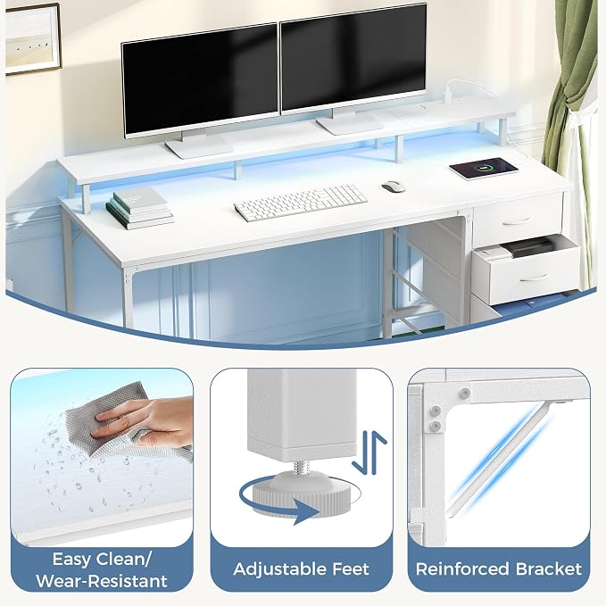 DUMOS 40-Inch Gaming Desk with Power Outlets and LED Lights, White | Computer Desk with 4 Storage Drawers, Home Office Desk with Monitor Stand, Small Desk for Bedroom Study