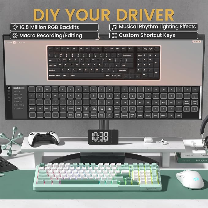 Redragon K742 Bluetooth Wireless Mechanical Gaming Keyboard with Knob | BT5.0/2.4GHz/USB C Creamy Keyboard with Number Pad for PC Computer, RGB Backlits, Hot-Swappable with Linear Switches (Green)