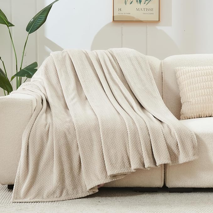 NEWCOSPLAY Fleece Leaves Pattern Queen Blanket, Linen, 90"x90" | Super Soft Throw Blanket, Lightweight Cozy Bed Sofa Blanket, Premium Silky Flannel Fleece, Travel Blanket for All Season Use