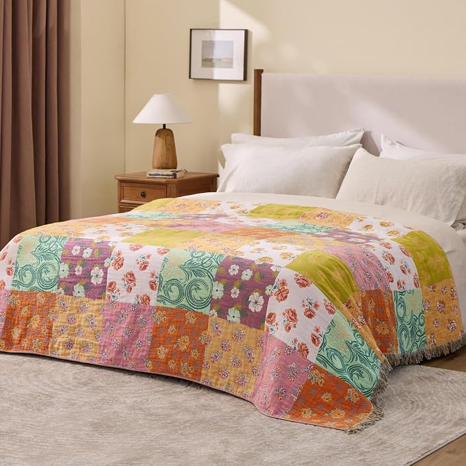 RILIHO 100% Cotton Boho Throw Blanket for Home Decor – Classic Farmhouse Quilt Bedding, Muslin Blankets for Adults, Vintage Woven Decorative Blanket for Couch, Bed Layering Use, Patchwork, 60"x80"