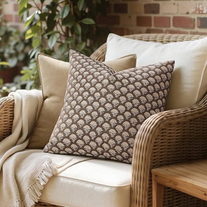 MIULEE Fall Floral Print Decorative Pillow Covers 18x18, Chocolate Brown | Vintage Boho Farmhouse Modern Home Decor, Set of 2, Block Print Cushion Covers for Couch Sofa Bed Living Room