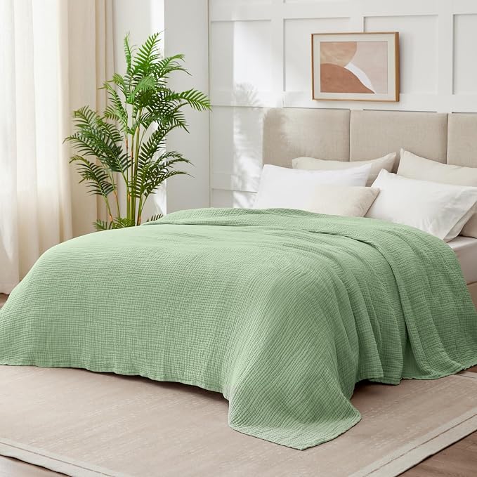 100% Cotton Muslin Blanket Queen 90" x 90", 6 Layers Breathable and Lightweight Cotton Throw Blanket for Bed, Soft Quilt Bedspread Coverlet, Gauze Blanket for Adults All Season, Sage Green