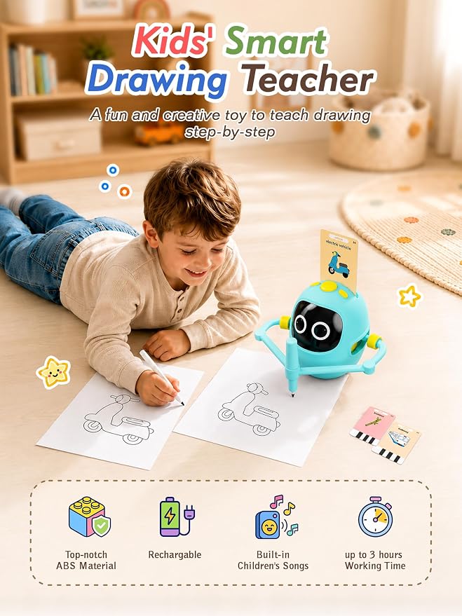 Kikapabi Drawing Robot Toys for Kids, 220 Flash Cards Gift for 3-8 Years Old Boys Girls, Montessori Doodle Art Painting with Voice Interactive for Beginners, Birthday (Blue)