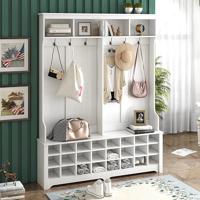 Wide Hallway Coat Rack Hall Tree with Shoe Storage Rack, 24 Cubes 6 Hooks and 3 Top Shelves, Large Storage Bench for Entrance, Enterway (White)