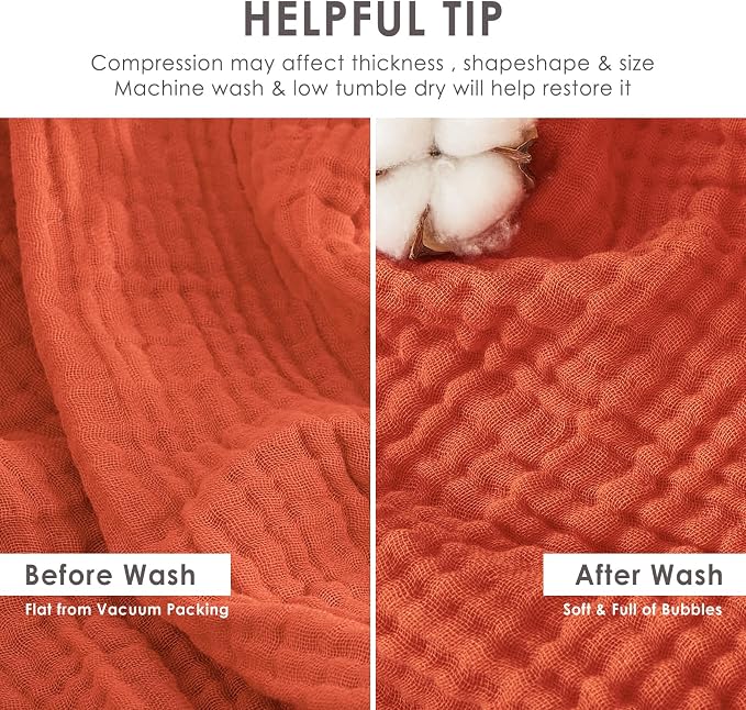 EMME Cotton Muslin Queen Blanket Bed Layering Bedspread Coverlet Breathable Gauze Soft Lightweight Adults (Heather Orange Rust, 90"x90")