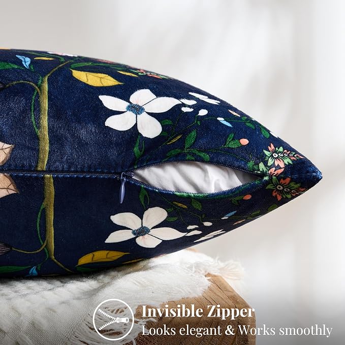 MUSSEL Navy Blue Floral Vintage Decorative Pillow Covers 18x18 Set of 2 | Soft Velvet,Wild Flower Plant,Throw Pillows Case,Square,Colorful Farmhouse Cushion Covers,Home Sofa Bed Couch Decor