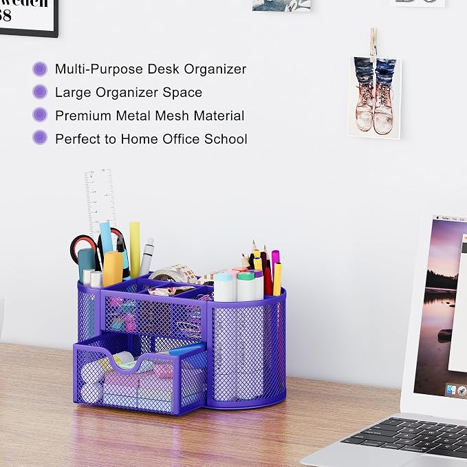 EasyPAG Mesh Pen Holder Desk Organizer with Drawer Stationery Supplies Organizer for Dorm School 9 Compartments Workspace Desk Accessories Organization for Office, Purple