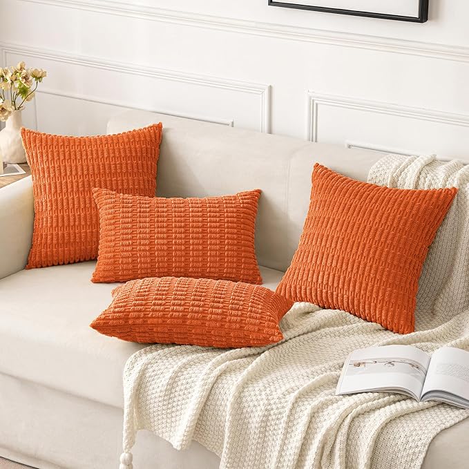 MIULEE Euro Sham Fall Corduroy Decorative Throw Pillow Covers 22x22 Orange | Pack of 2 Soft Boho Striped Pillow Covers Modern Farmhouse Autumn Home Decor For Sofa Living Room Couch Bed