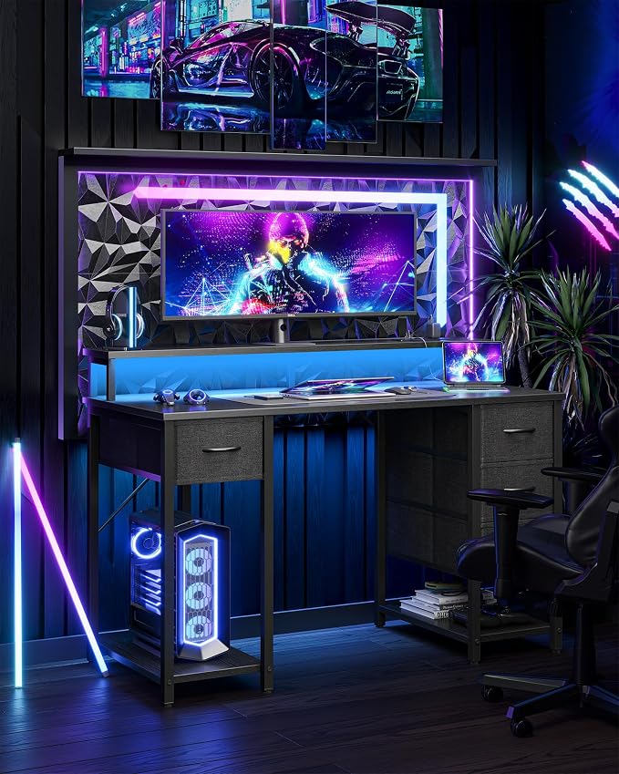 TIQLAB Computer Desk with 4 Drawers & LED Lights, 47 Inch Gaming Desk with Monitor Stand & Power Outlets, Home Office Desk with Large Storage Space, Study Work Table for Bedroom, Black