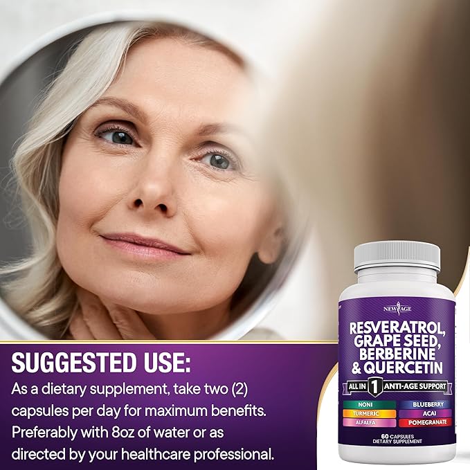 NEW AGE Resveratrol, Berberine, Grape Seed Extract, Quercetin, Polyphenol Supplement for Women and Men with Noni Extract, N-Acetyl Cysteine, Acai Extract - 180 Capsules