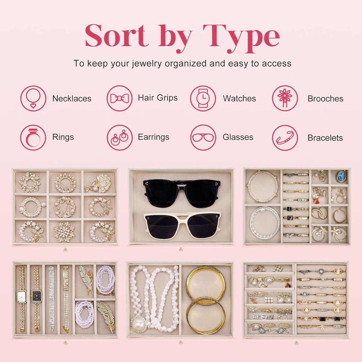 Dajasan Large Jewelry Organizer Box, 6-Tier Jewelry Storage Case with 5 Drawers, Jewelry Boxes for Women Girls with Mirror, Double Door, Textured PU Leather, Gift Idea, Stylish (Pink + Gold)