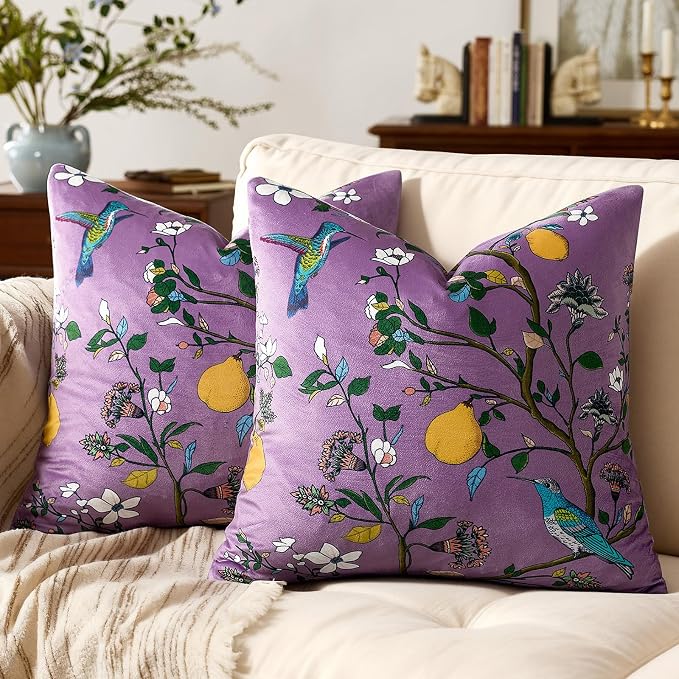 MUSSEL Plum Purple Velvet Floral Decorative 20x20 Pillow Covers Set of 2 | Durable Sturdy,Botanical Printed Pattern,Throw Pillows Case,Square,Colorful Mid Century Cushion Covers,Sofa Couch Decor