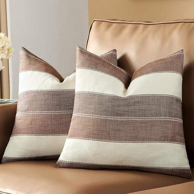 Pack of 2 Farmhouse Stripe Check Throw Pillow Covers Set Case Cotton Linen Decorative Pillowcases Cushion Cover for Couch Bench Sofa 18x18Inch Brown