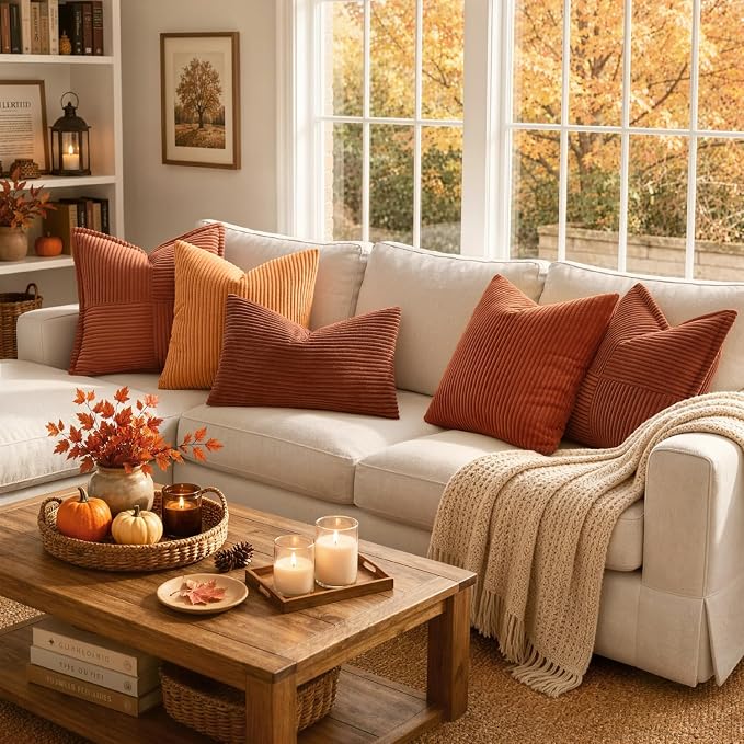MIULEE Fall Soft Corduroy Throw Pillow Covers Set of 2 18x18 Dark Rust | Decorative Striped Textured Cushion Cases, Boho Rustic Square Pillowcases, Home Decor for Couch Chair Sofa Bed Living Room