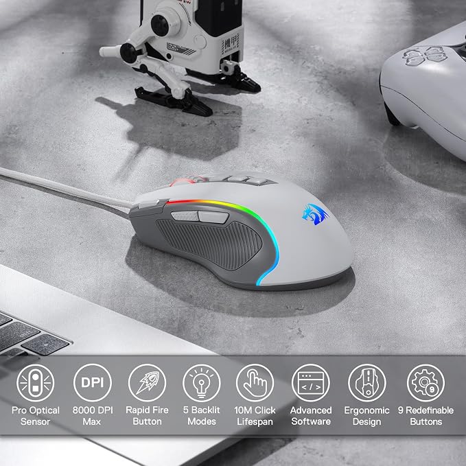 Redragon M612 Wired RGB Optical Gaming Mouse 8000 DPI Remapping Keys | Stable Lag-Free Connection, Redefine Keybinding Macro, Rapid-Fire Side Clicker, Vibing Backlight