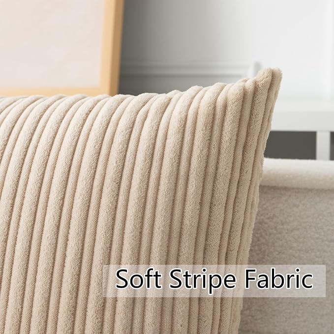 UGASA Velvet 26x26 Inch Soft Throw Pillow Covers Decorative Corduroy Striped Both Sides Solid Square Cushion Cases Boho Farmhouse for Couch Bedroom Sofa Home, Pack of 2, Beige