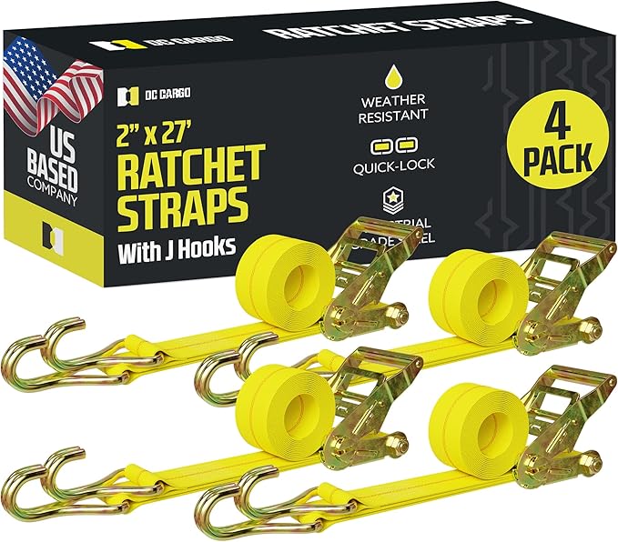 DC Cargo Mall Heavy Duty Ratchet Tie Down Straps – 4 Pack, 2” x 27’ with Double J Hooks, 10,000 lbs Break Strength