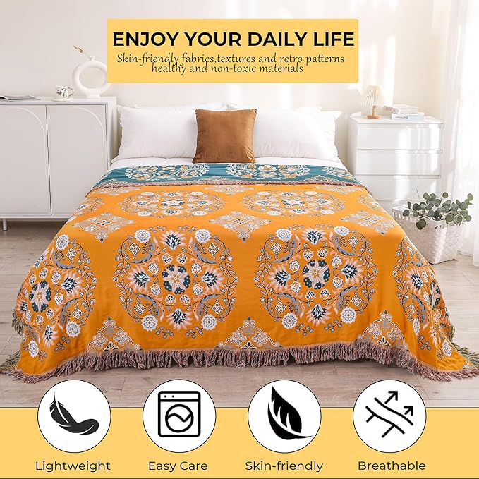 Boho Throw Blanket for Bed,100% Cotton Ultra Soft Lightweight Muslin 4-Layer Breathable Woven Throws 60''x 80'' Blanket Yellow Floral Printed Farmhouse Decor Bed Blankets