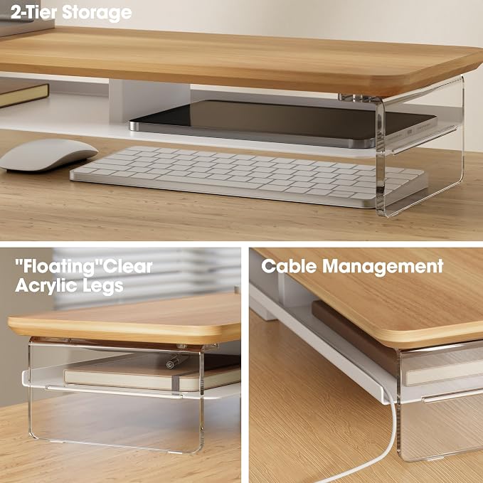 Fenge 42.5" Dual Monitor Stand with Clear Acrylic Legs, Dark Oak | Clear acrylic, storage compartment, 2-tier home office monitor riser, wide large desktop shelf fit monitor/laptop/printer