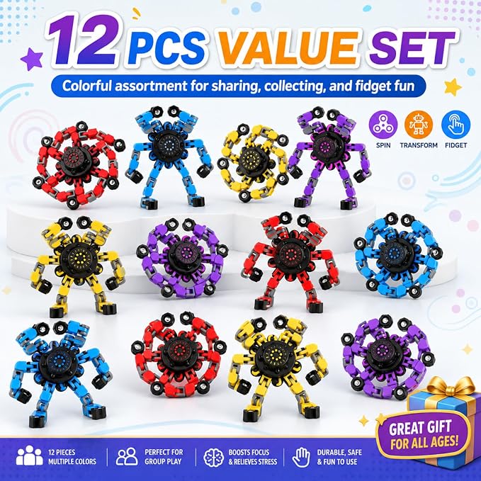 12PCS Transformable Fidget Spinner Toys for Kids and Adults | DIY Robot Chain Fidget Toys, Sensory Toys for Stress Relief, Party Favors, Classroom Rewards & Birthday Gifts
