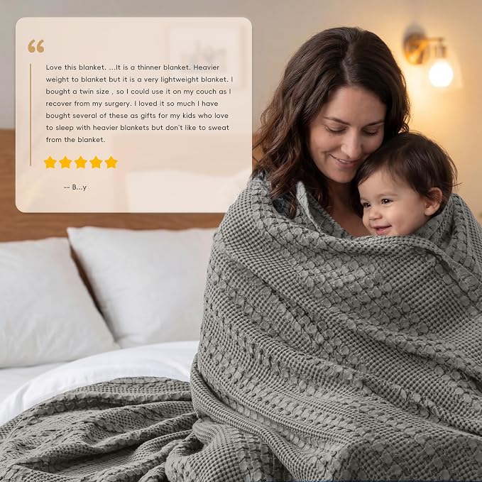 PHF 100% Cotton Waffle Weave Throw Blanket, Lightweight Breathable Summer Blanket for Couch Sofa, Pre-Washed Soft Throws for Bed, Office, Travel & Stylish Home Decor, 50"x60", Dark Grey
