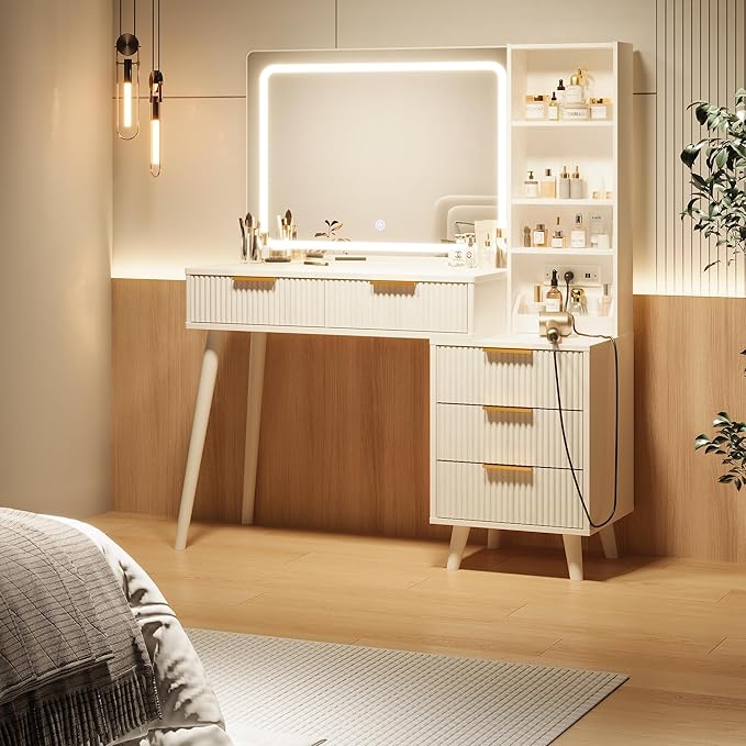 Makeup Vanity Desk with Mirror and Lights, Makeup Vanity with 5 Drawers&Storage Shelves, Vanity Table with Power Outlet, 3 Color Adjustable Lighting Dressing Table Set for Bedroom Ivory