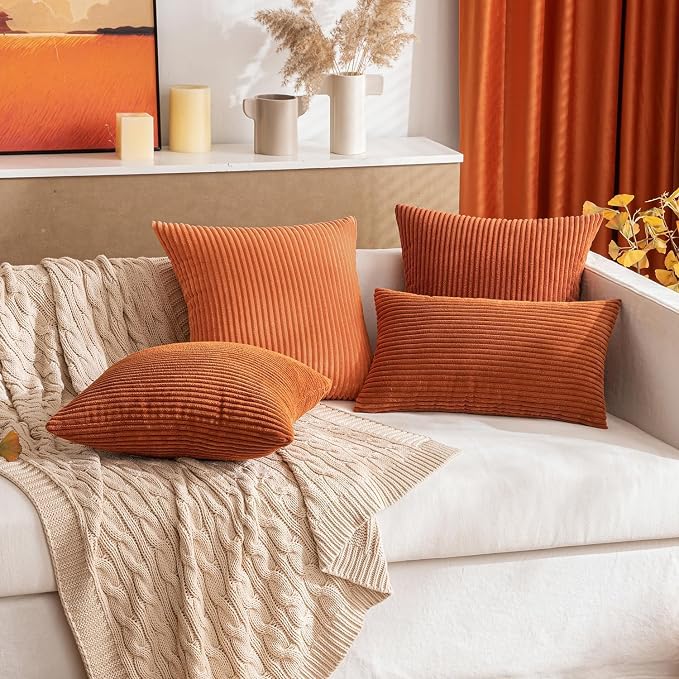MIULEE Fall Decorative Corduroy Throw Pillow Covers Set of 2 20x20 Rust | Soft Striped Textured Cushion Cases, Boho Rustic Square Pillowcases for Home Decor, for Couch Chair Sofa Bed Living Room