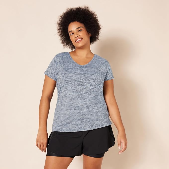 Amazon Essentials Women's Active Quick Dry Tech Stretch Short-Sleeve V-Neck T-Shirt (Available in Plus Size), Pack of 2