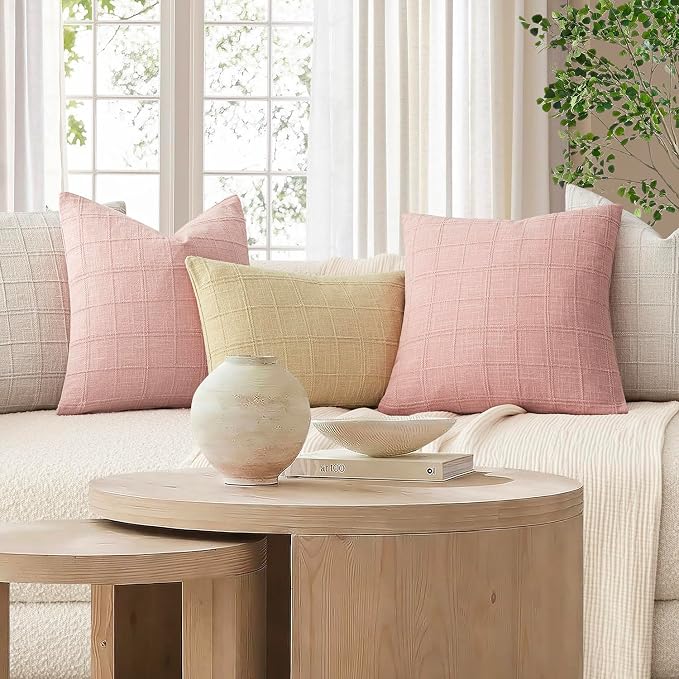 Foindtower Set of 2 Decorative Linen Check Throw Pillow Covers Neutral Farmhouse Vintage Cushion Covers Modern Boho Accent Home Decor for Sofa Chair Couch Bedroom Living Room,22×22 Inch,Light Pink