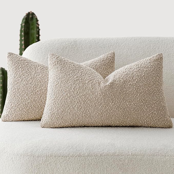Foindtower Pack of 2 Textured Boucle Throw Pillow Covers Accent Solid Lumbar Pillow Cases Cozy Soft Decorative Couch Cushion Case for Chair Sofa Bedroom Living Room Home Decor, 12 x 20 Inch,Oatmeal
