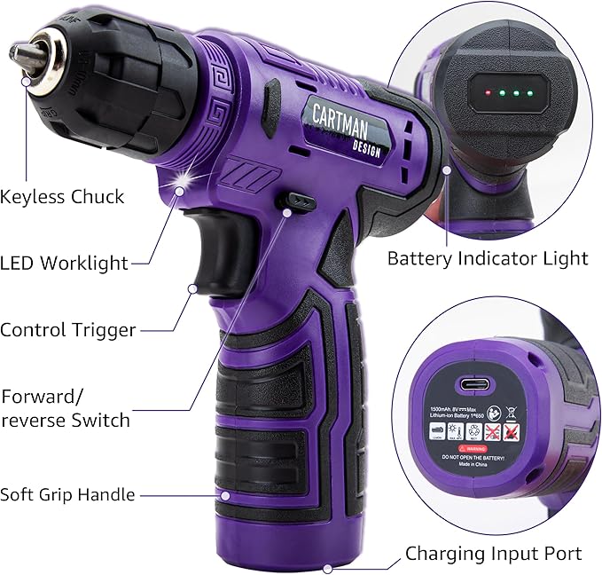 CARTMAN 150 Piece Tool Set, Tool Set with 8V Purple Cordless Drill Set, Home Tool Kit