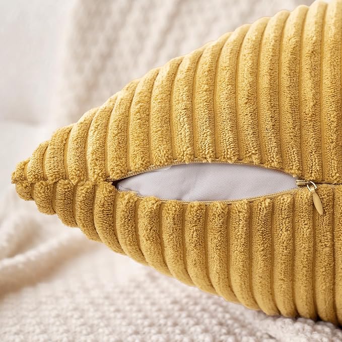 MIULEE Fall Decorative Corduroy Throw Pillow Covers Set of 2 18x18 Gold | Soft Striped Textured Cushion Cases, Boho Rustic Square Pillowcases Neutral Home Decor, for Couch Chair Sofa Bed Living Room