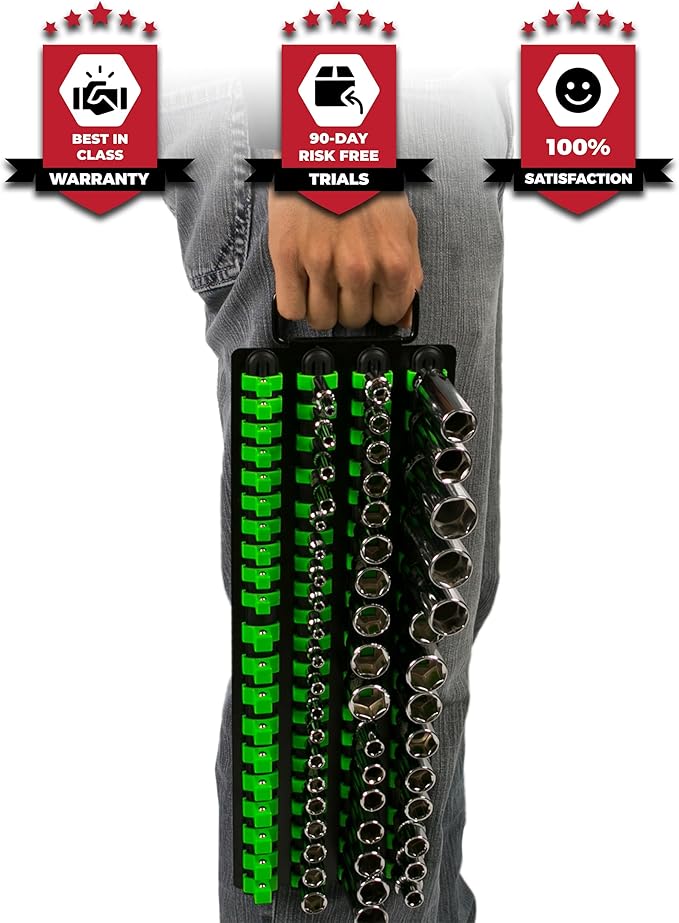 Olsa Tools Portable Socket Organizer Tray - Black Rails with Green Clips - Holds 80 Sockets - Professional Quality Socket Holder - Part 1024