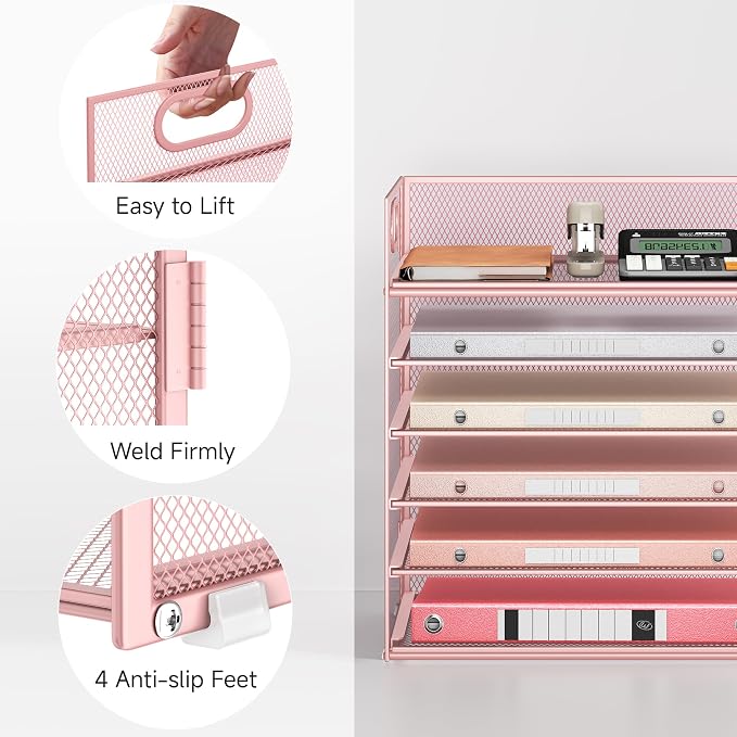 6 Tray Paper Organizer Letter Tray with Handle - Mesh Desk File Organizer, Paper Sorter Organizer for Office, Home or School File Folder Holder - Pink