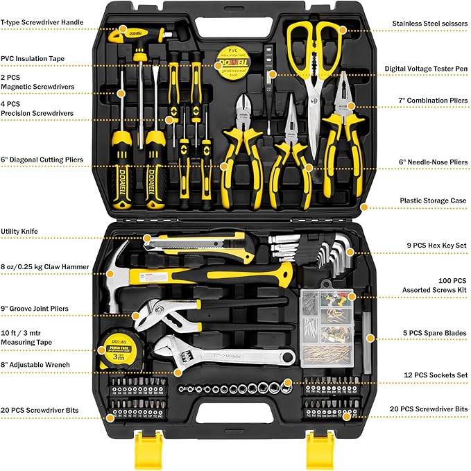 DOWELL Tool Set 185 Piece, General Household Tool Kit, Hand Tool Kit with Toolbox Storage Case for Home Repair