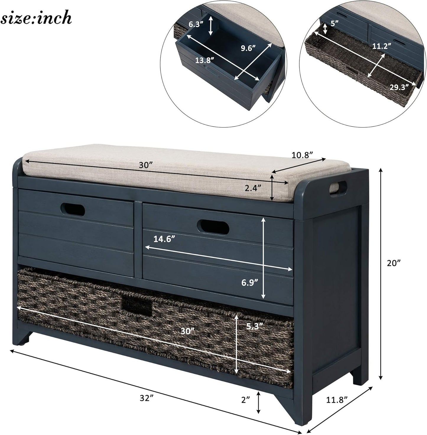 Storage Bench Removable Basket 2 Drawers Fully Assembled Acacia Wood Shoe Bench Standing Shoe Rack Removable Cushion for Living Room, Entrance Hallway, No Assembly Required Navy