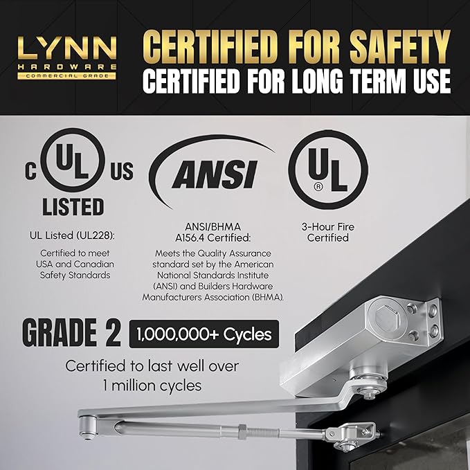 LYNN HARDWARE Light Duty Automatic Door Closer (Silver) - Highly Durable Cast Aluminum, Commercial or Home Use, Adjustable Speed Controls, 3 Mounting Options, 3 Hour Fire Rated (DC5003 Model)