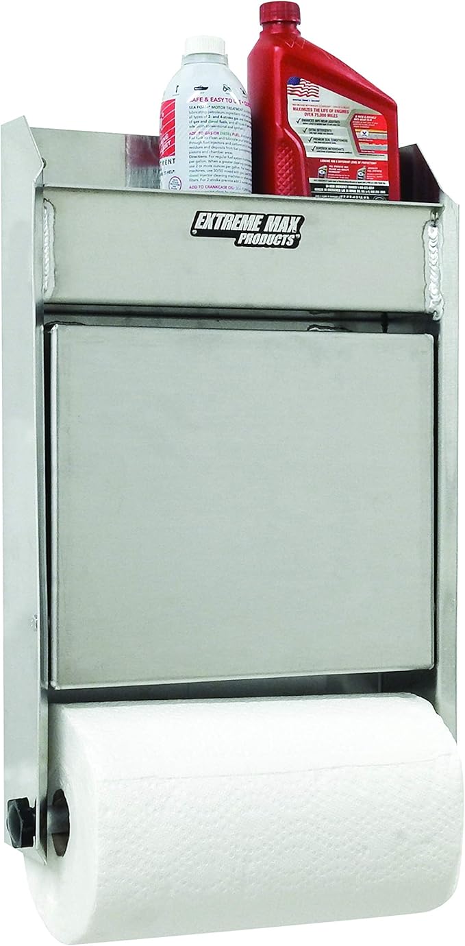 Extreme Max 5001.6053 Junior Aluminum Work Station Storage Cabinet Flip-Out Work Tray with Paper Towel Rack Organizer for Enclosed Race Trailer Shop Garage Storage,Silver