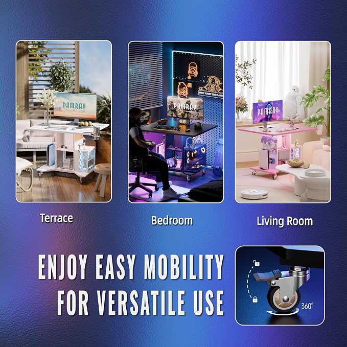Pamray Small Gaming Desk Rolling Computer Table Balck | Movable, with Led Lights Power Outlets, with Storage Pegboard and Hook, Sturdy, Suitable for Study Gaming Bedroom Dorm