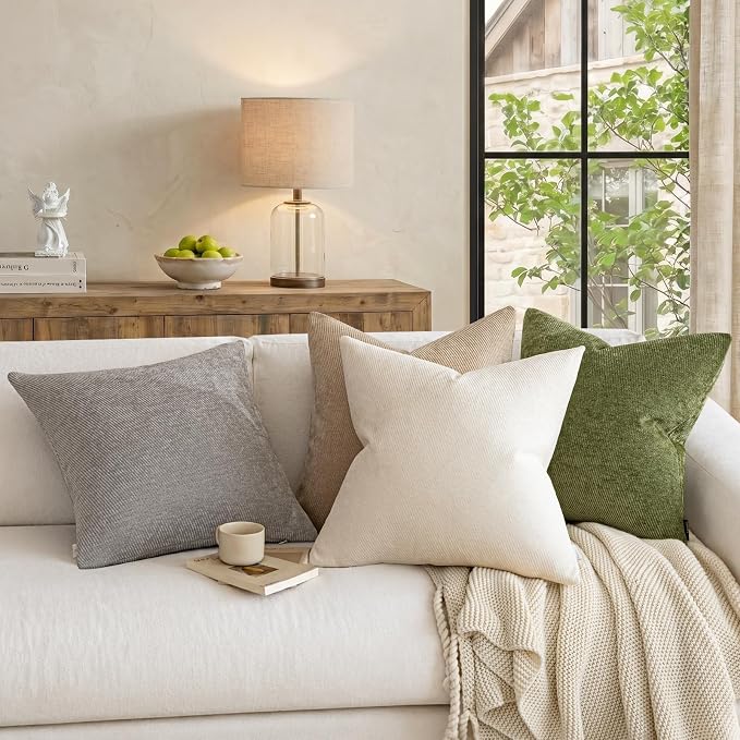 a moment Pack of 2 Decorative Chenille Throw Pillow Covers with Twill Cushion Covers for Sofa Living Room Couch Bed 12x20 Inch Moss Green