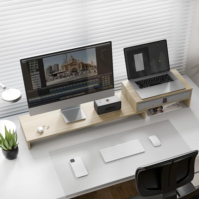 Fenge Computer Monitor Riser Stand with Drawer for 2 or 3 Monitors ,Adjustable Length and Angle Desktop Laptop Stand,Office Organizer,Printer,Oak