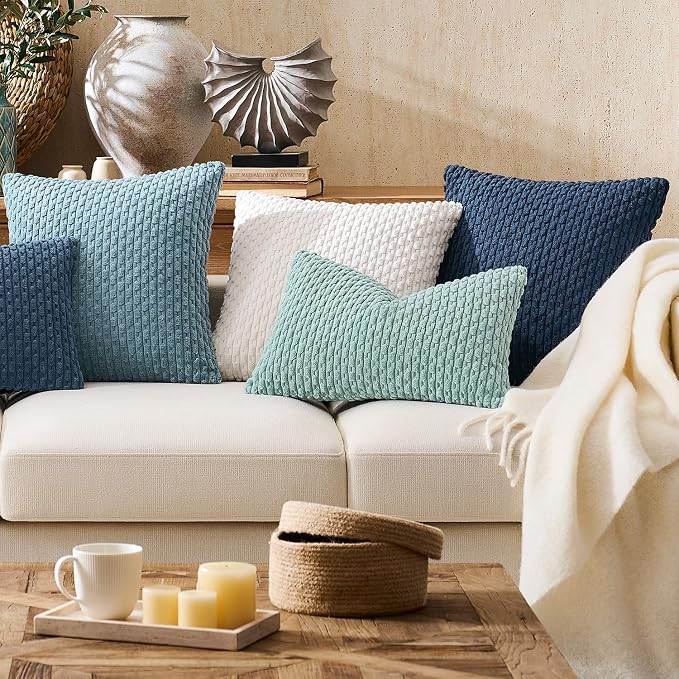Kevin Textile Soft Corduroy 14"x36" Lumbar Pillow Cover 1 Pack, Blue Grey | Boho Stripe Plush Corduroy Decorative Oblong Cushion Cover Modern Farmhouse Home Decor for Sofa Couch Bed Chair