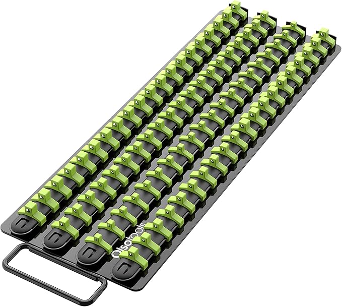 Olsa Tools Portable Socket Organizer Tray - Black Rails with Green Clips - Holds 80 Sockets - Professional Quality Socket Holder - Part 1024