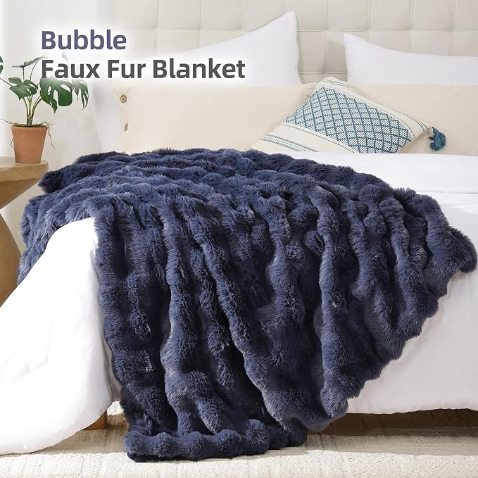 Faux Rabbit Fur Throw for Couch - Navy Blue Bubble Blanket 50"x60" | Fluffy Plush Fuzzy Throw for Sofa & Bed, Super Soft Cozy Comfrt Blanket, Luxury Aesthetic Navy Blue Decor Gift for Women