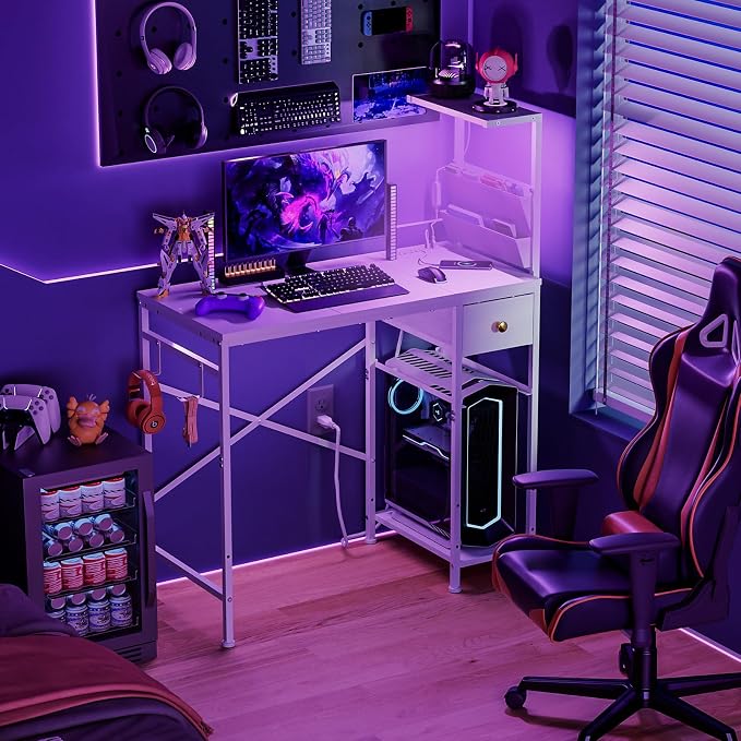 Jakyitvi 33.7" Computer Desk with Power Outlets, LED Lights & Drawer, Small Office Desk with Storage Bag & Hooks, Gaming Desk for Bedrooms or Home Office, Compact Study Desk for Small Spaces，White
