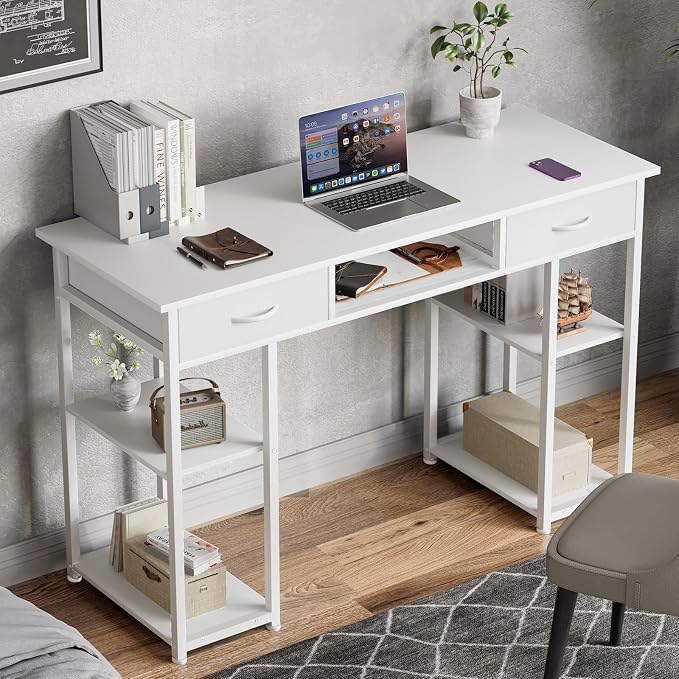 DUMOS 48-Inch Computer Desk with Drawers, Hook and Side Bag, White | Home Office Desk for Bedroom, Gaming Writing Study Desk with Adjustable Feet