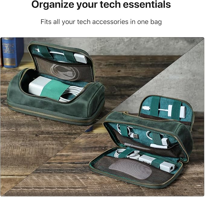Hiram Handmade Crazy Horse Leather Tech Organizer Travel Case ��� Accessories Organiser Bag for Laptop, Tablet & Cell Phone, Double Compartment Charger Organizer Travel Case Green