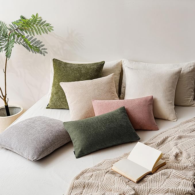 a moment Pack of 2 Decorative Chenille Throw Pillow Covers with Twill Cushion Covers for Sofa Living Room Couch Bed 16x16 Inch Olive Green