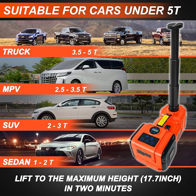 E-HEELP Electric Car Jack Kit 5Ton 12V Hydraulic Car Jack Lift for SUV MPV Sedan Truck Change Tires Garage Repair with LCD